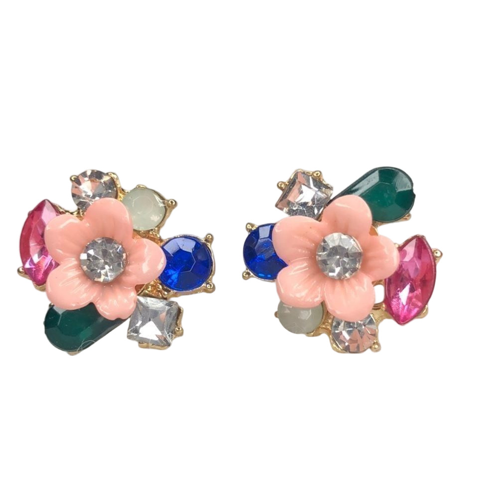 Flower and gem earrings on gold tone backing